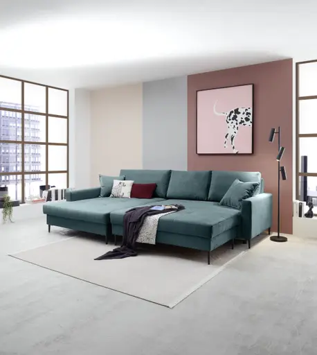 Ecksofa - Longchair links mit 3-Sitzer, Schlaffunktion mit Bettkasten, Stoff, Azur