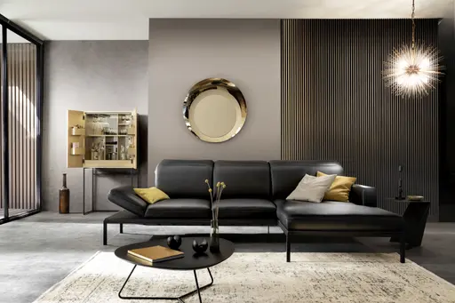 Ecksofa Noto - 2,5-Sitzer mit Longchair rechts inkl. Rückenlehne verstellbar, Leder, Schwarz