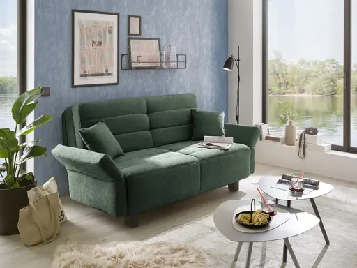 Faltsofa Easy - 2-Sitzer, ca. 140 cm inkl. Schlaffunktion/Topper/Armteil verstellbar, Stoff, Dunkelgrün