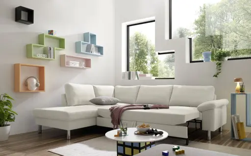 Ecksofa COOL - Ecke links mit 2,5-Sitzer, Querschläfer, Stoff, Natur