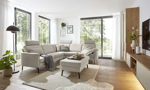 Ecksofa EM Blato - mit Kopfstützen, 2,5-Sitzer, Ecke, 3-Sitzer, Stoff, Beige