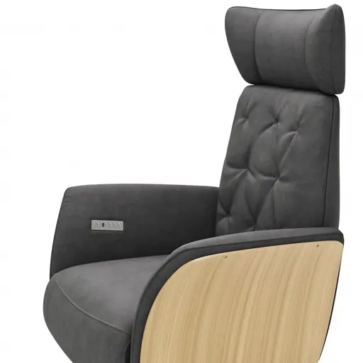 Drehsessel Aberdeen - Größe M, inkl. Relaxfunktion (motorisch), Aufstehhilfe, Holzblende furniert, Eiche, Stoff, Anthrazit