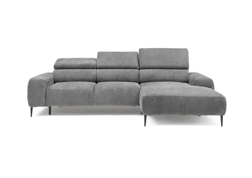 Ecksofa - 2-Sitzer mit Longchair rechts, Sitzvorzug motorisch, Kopfteil verstellbar, Stoff, Grau