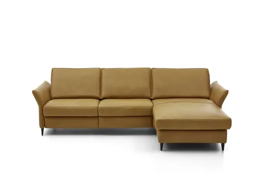 Ecksofa - 2,5-Sitzer mit Longchair rechts, Kopfteil verstellbar (manuell), Leder, Kurkuma