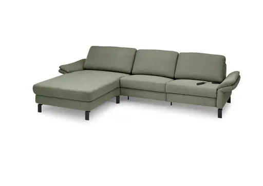 Ecksofa CALM PREMIUM 2.0 - Longchair links mit 3-Sitzer, Relaxfunktion motorisch, Armlehne verstellbar, Stoff, Dunkelgrün