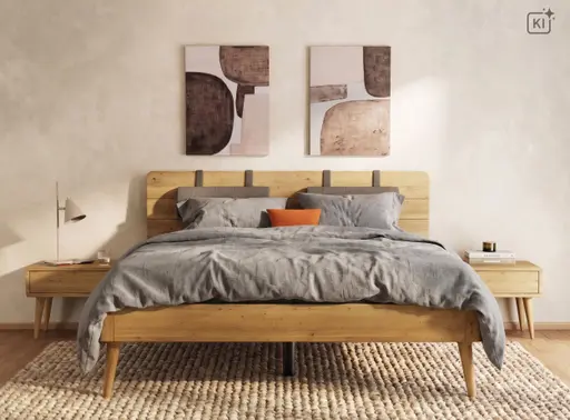 Bettgestell Fjella - Liegefläche ca. 180x200 cm, Hängekissen braun, Wildeiche massiv bianco