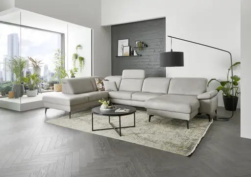 Wohnlandschaft - Ecke links mit 2,5-Sitzer und Longchair rechts, Kopfteil verstellbar, Leder, Alufarben