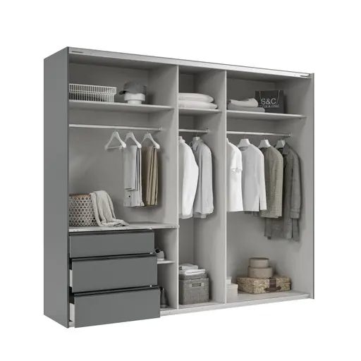 Schwebetürenschrank- B ca. 250 cm, Graphit, Eiche Dekor