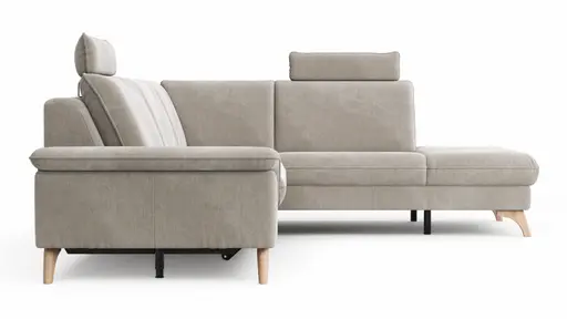 Ecksofa Tulsa KS - 2,5-Sitzer, Spitzecke und 1,5-Sitzer mit Anstellhocker aufklappbar rechts, inkl. Kopfstütze, AL verstellbar und Schlaffunktion, Stoff, Graubeige