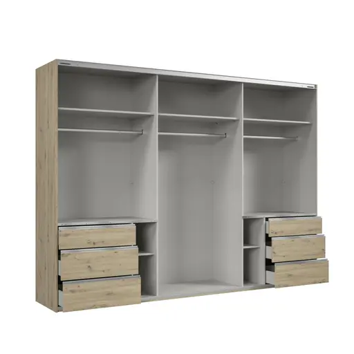 Schwebetürenschrank- B ca. 300 cm, Eiche Dekor, Weiß, Spiegel