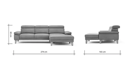 Ecksofa Hudson - 2,5-Sitzer mit Longchair rechts inkl. Kopfteil verstellbar, Stoff, Steingrau