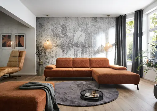 Ecksofa - 2,5-Sitzer mit Longchair rechts, Kopfteil/Armlehne/Rücken verstellbar, Stoff, Rost