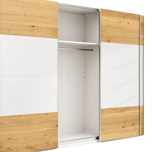 Schwebetürenschrank Colorado - B ca. 307 cm, Eichenfurnier mit Glas weiss