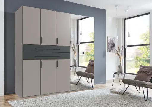 Drehtürenschrank- B ca. 225 cm, Saharagrau, Grafit, Spiegel
