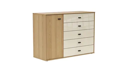 Kommode Lenoso - Eiche massiv, Glas Champagner