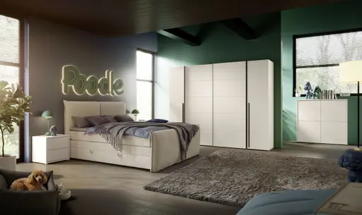 Boxspringbett SANDRIN L- Liegefläche ca. 200x200 cm, Stoff, Weiß, inkl. Stauraum und Fußteil