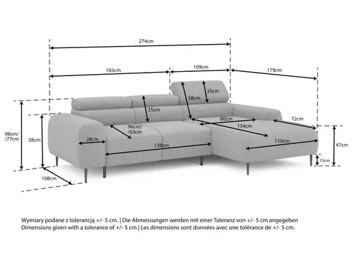 Ecksofa - 2-Sitzer mit Longchair rechts, Sitzvorzug motorisch, Kopfteil verstellbar, Stoff, Senfgelb