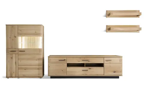 Wohnwand - mit Beleuchtung, Eiche teilmassiv