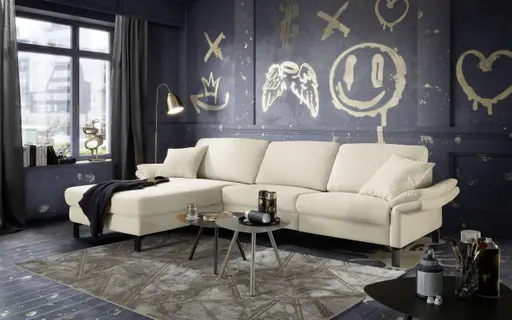 Ecksofa CALM PREMIUM 2.0 - Longchair links mit 3-Sitzer, Relaxfunktion motorisch, Armlehne verstellbar, Stoff, Natur