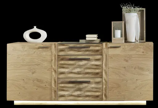 Sideboard - mit Beleuchtung, Wildasteiche Furnier, Absetzung Almschroppung 