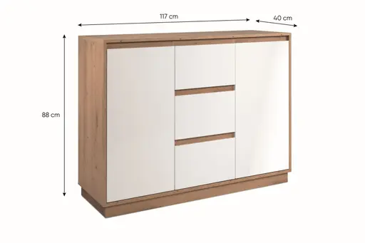 Kommode - B ca. 117 cm, Artisan Eiche Nachbildung, Weiß Hochglanz