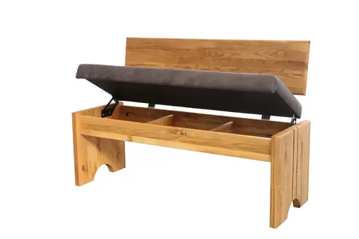 Polsterbank - mit Rücken, mit Truhe, Breite ca. 130 cm, Stoff, dunkelbraun, Eiche massiv