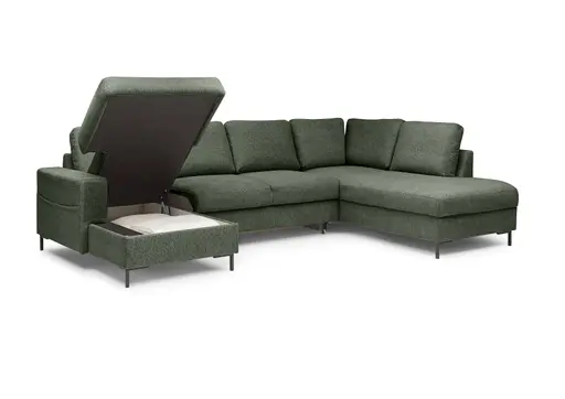 Wohnlandschaft - Longchair links mit 2-Sitzer und Ecke rechts, Stoff, Dunkelgrün