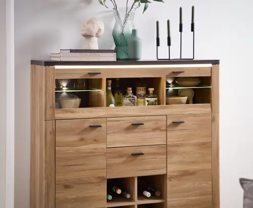 Highboard - mit Beleuchtung, B ca. 128 cm, Eiche Nachbildung, Eiche dunkel Nachbildung