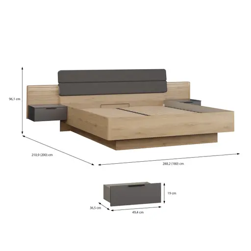 Bettgestell FALLEA- Liegefläche ca. 180x200 cm, inkl. 2 Nakos, Wildeiche Natur, Dunkelgrau