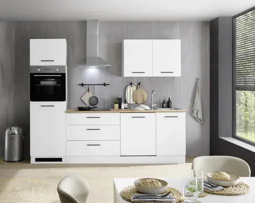 Küchenblock- inkl. E-Geräte, B ca. 260 cm, Weiß Matt, Eiche Dekor