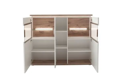 Highboard mit Beleuchtung - Weiß, Absetzung Eiche