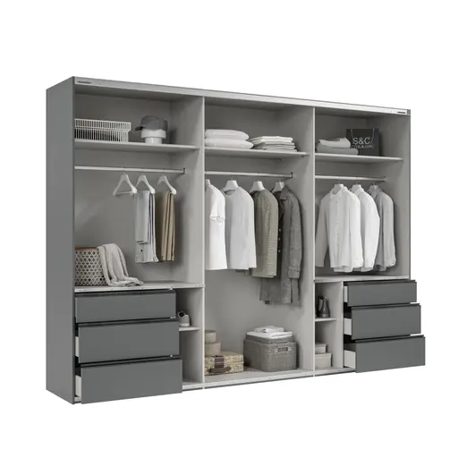 Schwebetürenschrank- B ca. 300 cm, Graphit, Eiche Dekor