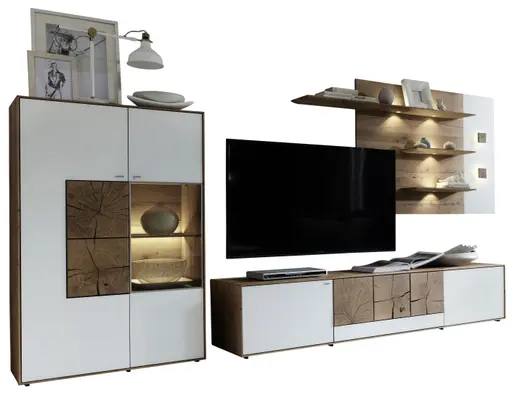 Wohnwand -  mit Beleuchtung, Kerneiche massiv, Mattglas, Weiß mit Hirnholzscheiben