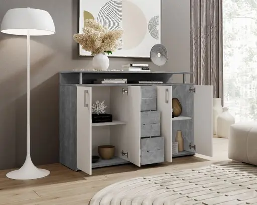 Highboard - B ca. 139 cm, Betonoptik, Weiß