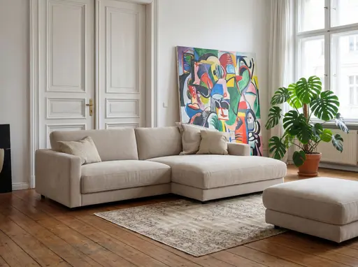 Ecksofa - 1,5-Sitzer mit Longchiar rechts, Stoff, Natur