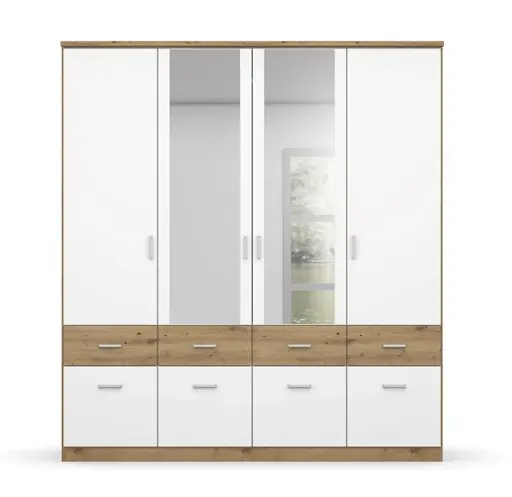 Drehtürenschrank ROYAN- B ca. 181 cm, Eiche Dekor, Weiß, Spiegel
