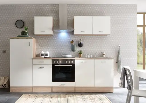 Küchenblock- inkl. E-Geräte, B ca. 270 cm, Eiche Dekor, Weiß Matt