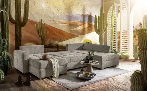 Wohnlandschaft JOSY - Longchair links mit 1,5-Sitzer und Ecke rechts inkl. Schlaffunktion mit Bettkasten, Stoff, Taupe