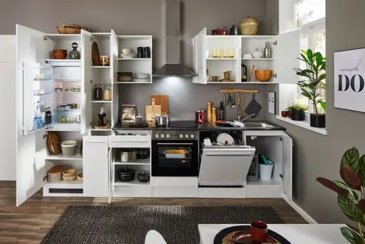 Küchenblock- Inkl. E-Geräte, B ca. 310 cm, Weiß, Weiß Hochglanz