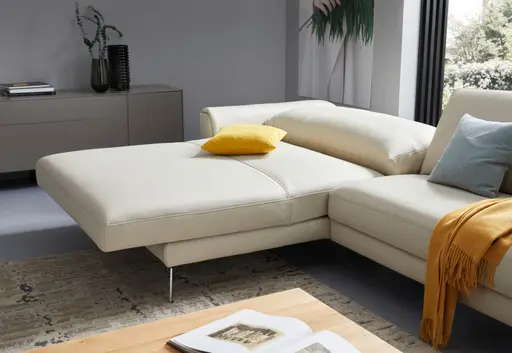 Ecksofa Enna - Longchair Links mit 1,5-Sitzer inklusive Relaxfunktion (motorisch), Leder, Ecru