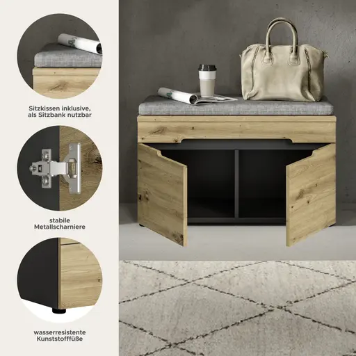 Schuhbank - inkl. Sitzkissen, B ca. 80 cm, Basalt grau, Artisan Eiche Nachbildung