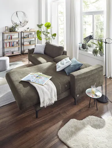Ecksofa Oviedo - 1,5-Sitzer mit Longchair rechts inkl. Relaxfunktion (motorisch), Stoff, Braungrün