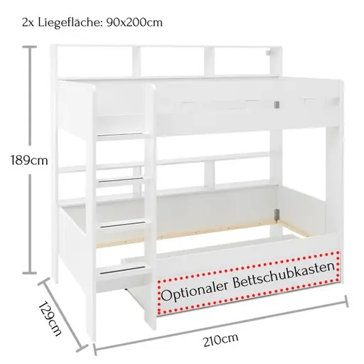 Etagenbett - Liegeflächen ca. 90x200 cm, Weiß