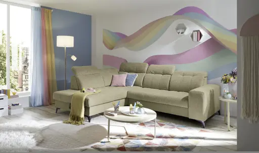 Ecksofa - Ecke links mit 2-Sitzer, Kopfteil verstellbar, Sitztiefe verstellbar motorisch, Stoff, Sand