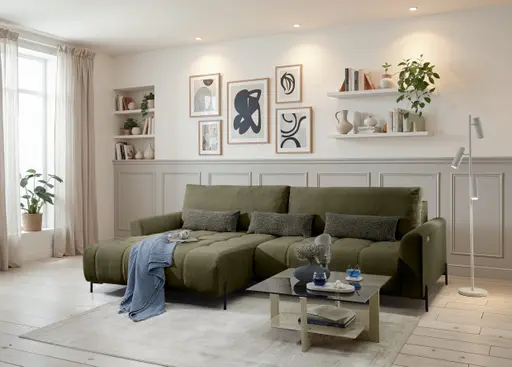 Ecksofa - Longchair links mit 2-Sitzer, Sitztiefe verstellbar motorisch, Stoff, Dunkelgrün