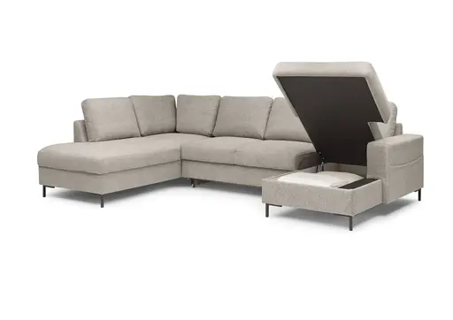 Wohnlandschaft - Ecke links mit 2-Sitzer und Longchair rechts, Stoff, Steingrau