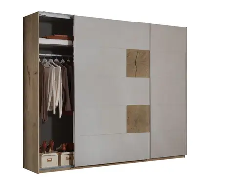 Schwebetürenschrank- B ca. 270 cm, Eiche Dekor, Hellgrau, Hirnholz