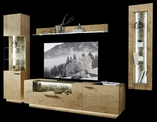 Wohnwand - mit Beleuchtung, Kernwildasteiche Furnier, Nischenrückwand echte Baumrinde