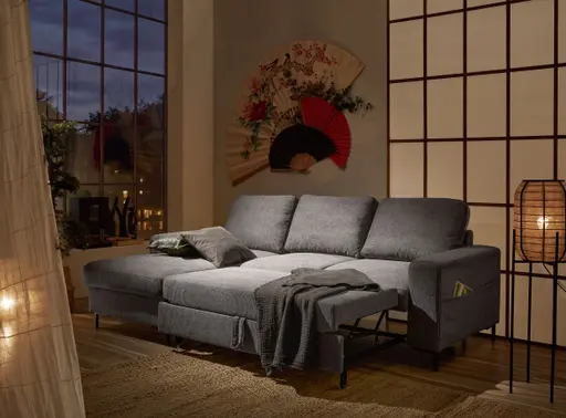 Ecksofa - Longchair links mit 2-Sitzer, Stoff, Mocca