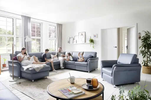 Wohnlandschaft - Longchair links mit 2,5-Sitzer und Ecke rechts, Leder, Granit